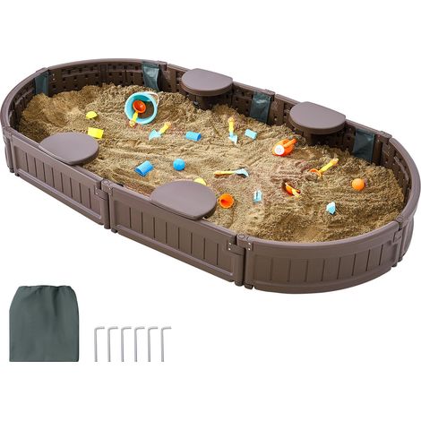 Bac à sable ovale avec couvercle, 183 x 105 x 23 cm, en PEHD, avec 4 sièges d'angle et fond tapissé. Idéal pour les enfants de 3 à 12 ans (jardin, plage, parc). Couleur : marron. (1/5)