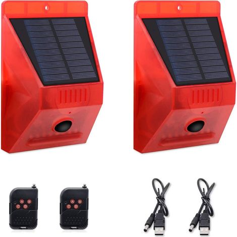 Lot de 4 détecteurs de mouvement solaires d'extérieur - 129 dB - Sirène de sécurité sonore puissante IP65 - Étanche - Protégé pour jardin, ferme, poulailler (1/5)