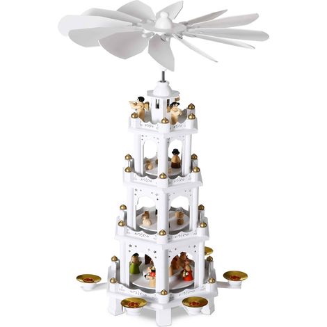 Spielwerk Pyramide de Noël en Bois véritable Peint à la Main 12 hélices 6 bougeoirs décoratifs Figurines 4 étages noël Personnage de Noël fête - modèle au Choix  Blanc (1/5)