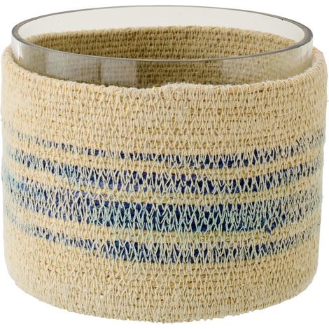 Photophore en Jonc "Galene" 15cm Naturel & Bleu (1/3)