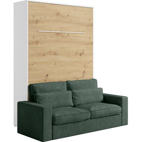 Letto estraibile 140 x 200 cm Apertura verticale manuale Con LED Bianco e naturale + Divano Verde - RAPILI