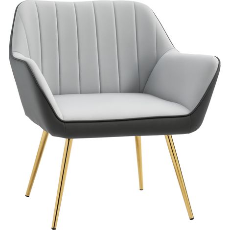 Sillón de piel sintética y terciopelo con respaldo a rayas, patas doradas y asiento acolchado para salón y dormitorio, color gris (1/5)