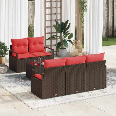 Sofa Set 6 pcs Braun und Rot Poly-Rattan