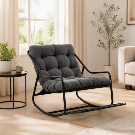 Silla mecedora 75x116x82 cm de acero negro y gris, cojín grueso, para salón, cómoda (1/5)