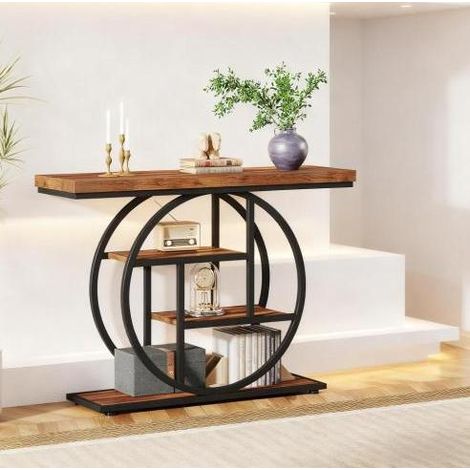 Console d'entrée industrielle 105 x 30 x 80 cm, 4 niveaux, métal et bois noir HAVRYA (1/5)
