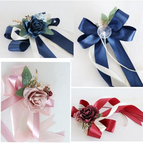 Lot de 4 nuds de voiture en soie - Décoration de voiture de mariage - Simulation de rose - Boucle de porte de voiture - Bordeaux (1/5)