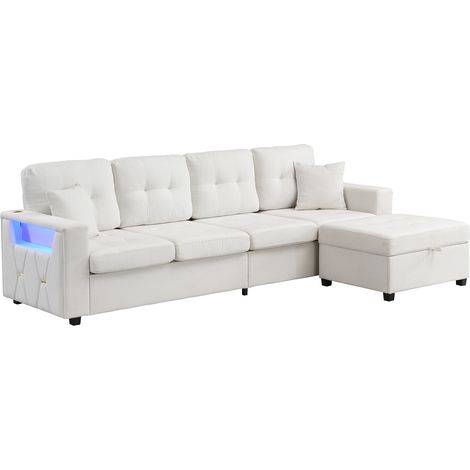 Modulares Ecksofa 4-Sitzer mit Stauraumhocker, Armlehnenaufbewahrung, LED und USB Type-C Anschlüssen, Beige (1/5)