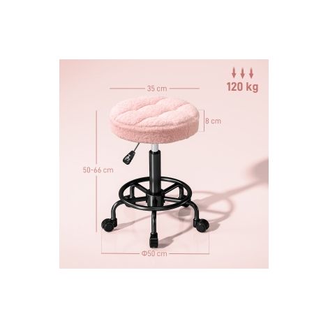 Tabouret roulant réglable en hauteur pivotant 50-66 cm, tabouret de travail pivotant 360°, tabouret de bureau pour bureau, salon, massage, spa, rose (1/5)