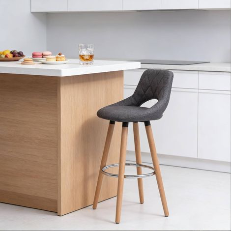 Sgabello da bar con schienale in lino e gambe in legno 43x40x96 cm grigio scuro 1 pezzo MODENUIT (1/4)