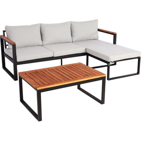 Mobiliario de jardín mesa sofá aluminio y madera de acacia con cojines gris claro 040008312