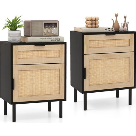 Costway – Table de chevet en rotin noir – Tiroir spacieux – Pieds métalliques robustes – Dimensions 45 x 30 x 59 cm – Design moderne (1/5)