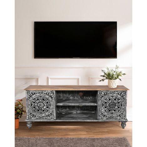 Lotus - Meuble TV cérusé en bois massif de manguier 150 cm (1/5)
