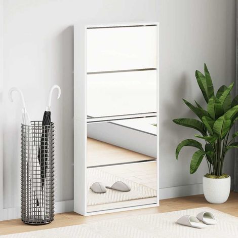 Meuble à chaussures à 4 compartiments, miroir, blanc, 63×17×134 cm