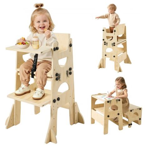 Tour d'Apprentissage en Bois Réglable pour Tout-petits de 1 à 5 Ans,Ensemble Table et Chaise de Sevrage Montessori avec Tableau Noir et Dossier,pour Plan de Travail Cuisine et Salle de Bains (1/3)