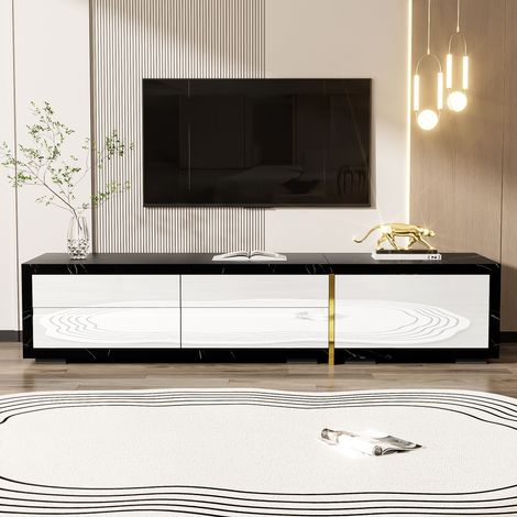 Meuble TV moderne, longueur variable (140-260 cm), fonction rotative, aspect marbre noir (1/5)