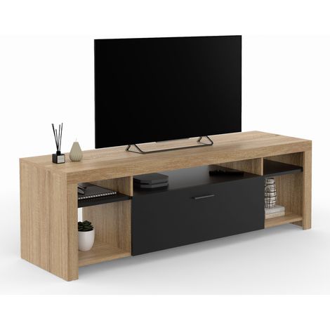 Idmarket – Meuble TV 140 cm MALO en panneaux de particules – Rangement fermé et 5 niches ouvertes – Coloris bois et noir – Dimensions 140x40x46 cm
