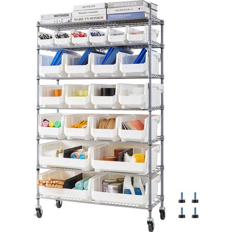 Rack de rangement à bacs roulant 7 niveaux, 22 bacs en fil d'acier avec roues pour garage et entrepôt (1/5)
