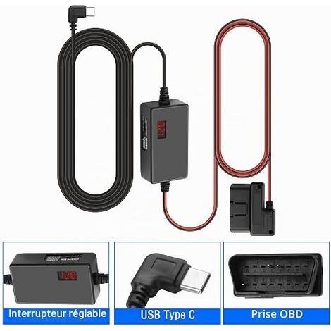 OBD OBD2 Power Cable for Dash Cam OBD2 Charging Cable OBD2 to USB C Charging Cable 24 Hour Monitoring Type C 16 Pin OBDII Step Down Hardwire Camera Charger Kit (1/4)