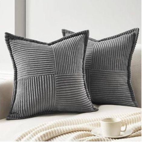2 coussins de canapé couleur velours côtelé, coussins de canapé décoratifs, 45x45 m, gris foncé (1/4)