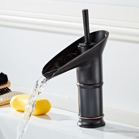 Robinet Salle Bain Noir, Robinet Salle de Bain Cascade Mitigeur Lavabo Noir Rétro à Levier Unique Mitigeur Salle de Bain, Laiton Comptoir Haut Lavabo Robinet Lave Main Robinet Vasque (1/5)