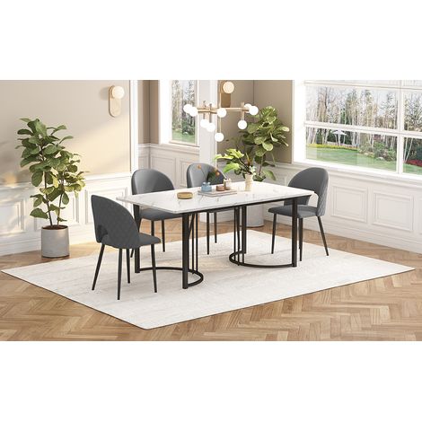 Table de salle à manger 140x80 cm en MDF blanc, pieds noirs, avec 4 chaises velours gris à motif losange, pieds réglables, set de cuisine moderne. (1/4)