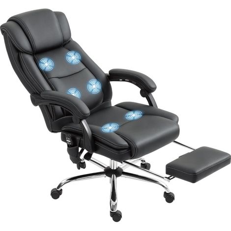 Fauteuil de bureau ergonomique avec fonction de massage et repose-pieds, revêtement en simili cuir, couleur noire