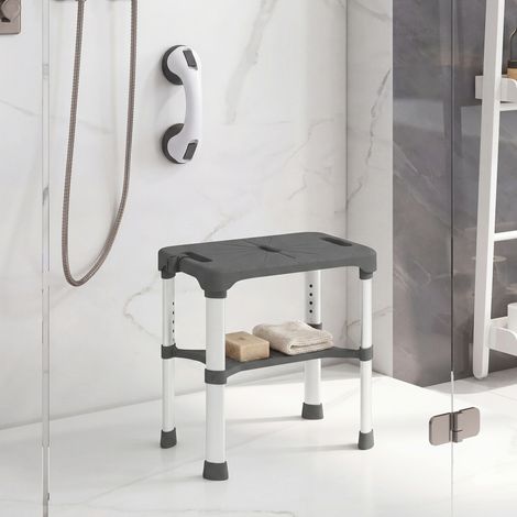 Tabouret de bain réglable avec étagère, barre d'appui à ventouse pour personnes âgées et à mobilité réduite, gris, hauteur adaptable (1/5)