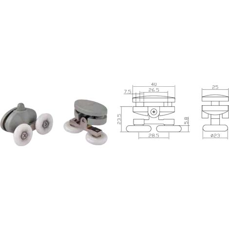 Coppia Cuscinetti Doppia Ruota Attacco Superiore Box Doccia – Nylon Grigio Ø23 mm – Foro 9 mm – Interasse 26,5 mm