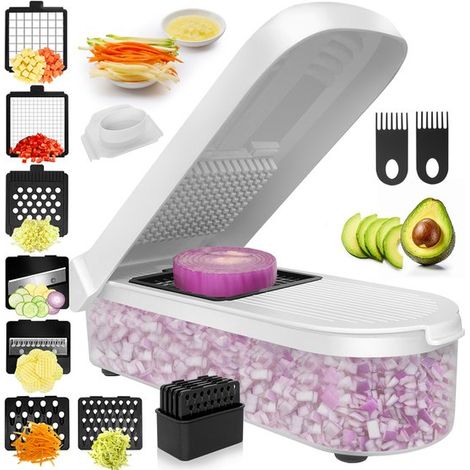 Cortador de verduras, Multifuncional 7 en 1, Base antideslizante y protector dedos, Cuchillas acero inoxidable sin BPA soporte seguridad, Blanco (1/5)