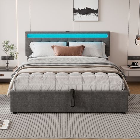 Hydraulisches Boxspringbett Grau 160x200 cm - Ambient-LED per App, USB/Type-C, großer Bettkasten (1/5)