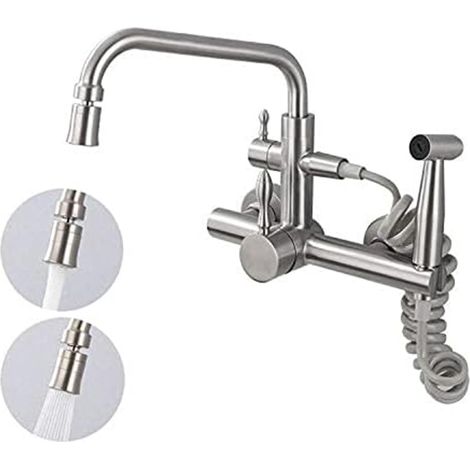 Robinet cuisine mural chaud et froid lavage de légumes pistolet pulvérisateur évier multifonction acier inoxydable 304 brossé (1/5)