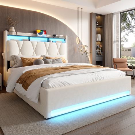 lit adulte coffre rangement 160x200 velours beige USB OKMYHOME (1/5)