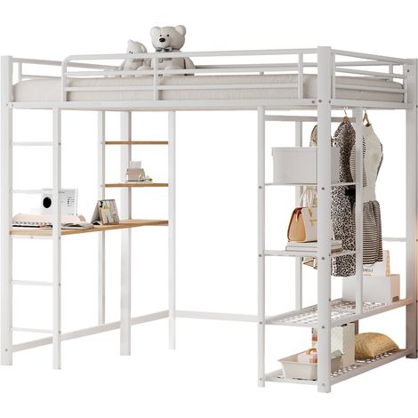 Lit mezzanine métal blanc 140x200 cm avec échelle, bureau MDF et rangement penderie, sommier à lattes inclus (1/5)