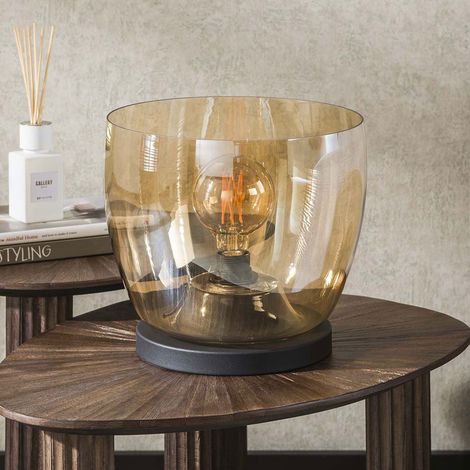 Lampe à poser ronde 29x27 cm en verre ambré et noir - KOTZY