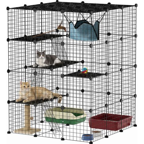 Jaula Grande para Gatos Interior de 4 Niveles con 5 Puertas 3 Plataformas de Salto 3 Rampas Hamaca 105x105x140 cm Negro (1/5)