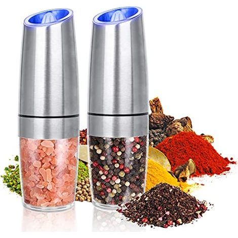 Set di macina sale e pepe elettrico, con sensore di gravità, utilizzabile con una sola mano, alimentato a batteria, con macinatura regolabile e luce LED blu (set da 2 pezzi, colore argento). (1/5)