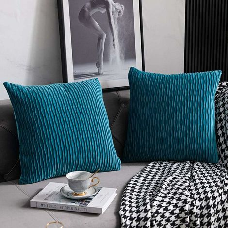 Taie d'oreiller Turquoise 4545cm: 2 pcs Housse de Coussin Décoratif Carré en Velours Rayé pour Canapé de Chambre, (1/5)