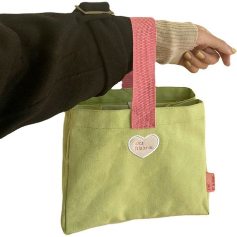 Sac à bento vert en toile brodé cœur lettres, poche intérieure, fermeture bouton, boîte repas portable (1/5)