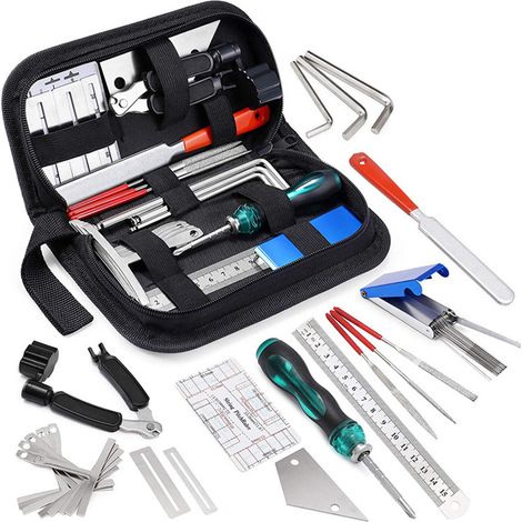 25-teiliges Gitarrenreparatur-Werkzeugset, DIY, Feilen, Saitenschneider, Griffbrettschutz, mit Aufbewahrungstasche (1/5)