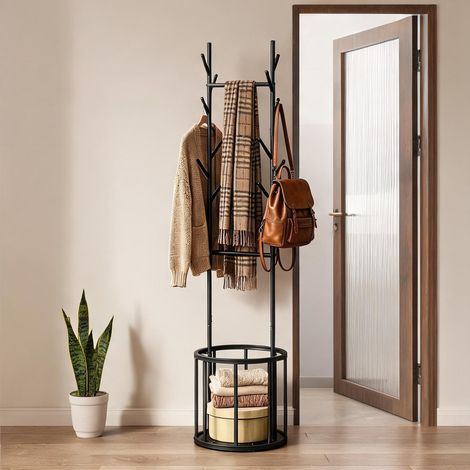 Porte-vêtements métallique avec rangement 12 crochets et panier (1/5)