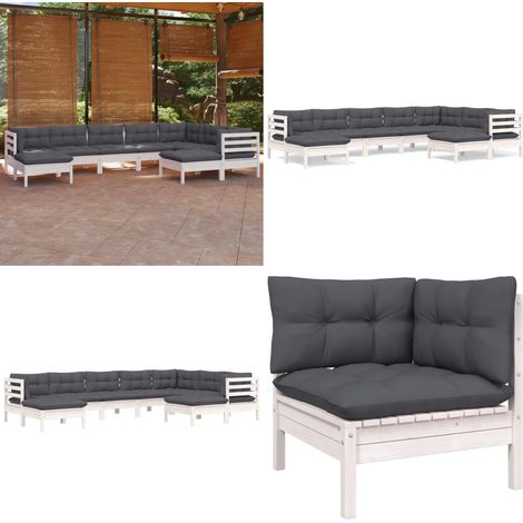 9-tlg. Garten-Lounge-Set mit Kissen Weiß Kiefer Massivholz - Gartensessel - Lounge Set - Gartenmöbeln - Rattan Möbel - Outdoor Furniture - Home & Living (1/5)