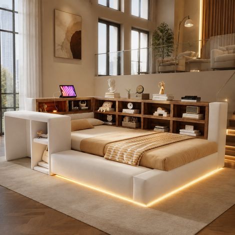 Cama 90 x 200 cm con almacenaje, LED, enchufes y mesa auxiliar, beige DESVIAE (1/5)