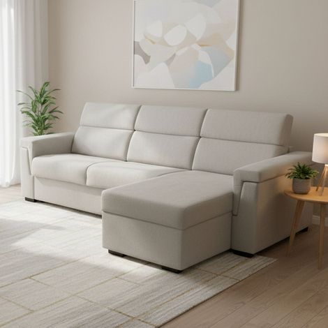 Sofá Cama con Chaise Longue Ganzaria, Desenfundable, Almacenaje Made in Italy, Hidrófugo Multiposición, 285x160 cm Beige (1/5)