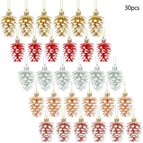 (5 boîtes, 30 pièces au total) Ornement de sapin de Noël de 6 cm, pomme de pin de Noël en plastique, décoration de Noël peinte (rouge + or + argent + champagne + or rose) (1/3)