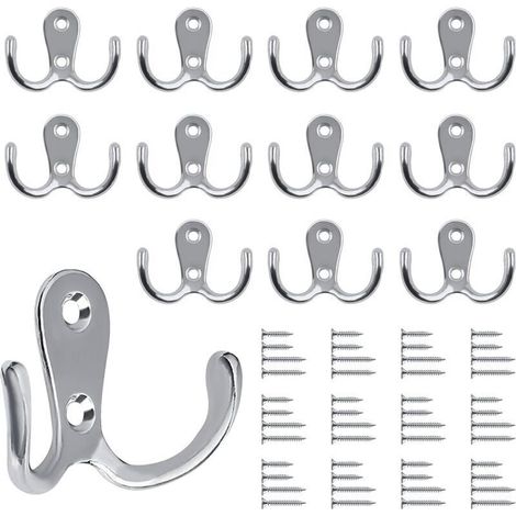 Lot de 12 crochets muraux doubles - En métal argenté - Style vintage - Avec 48 vis - Pour porte-manteau, salle de bain, cuisine - Argenté (1/5)