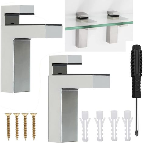 Supports d'étagère en F réglables – Lot de 2 – 98x76 mm – Pour verre/bois 5-30 mm – Avec vis – Argent (1/5)