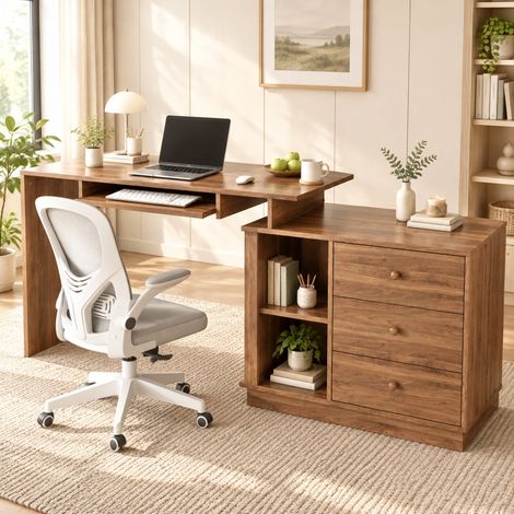 Scrivania informatica estensibile con cassetto tastiera, MDF, noce (1/5)
