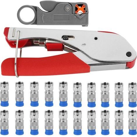 Type F crimping tool kit, including 20 type F connectors and a rotary coaxial cable cutter. (1/5)