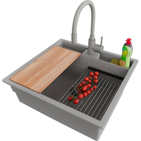 PRIMAGRAN Evier Sous Plan 56x54cm,Evier en Granit 1 bac + Robinet 38x14cm + Kit de Vidage + Accessoires, Évier au meuble 60cm - Bergen Pocket, Gris