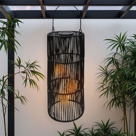 Solar Hängeleuchte in Rattan Optik schwarz mit LED Glühbirnen - 47 x 18 cm - Deko Gartenlaterne zum Hängen warm weiß beleuchtet